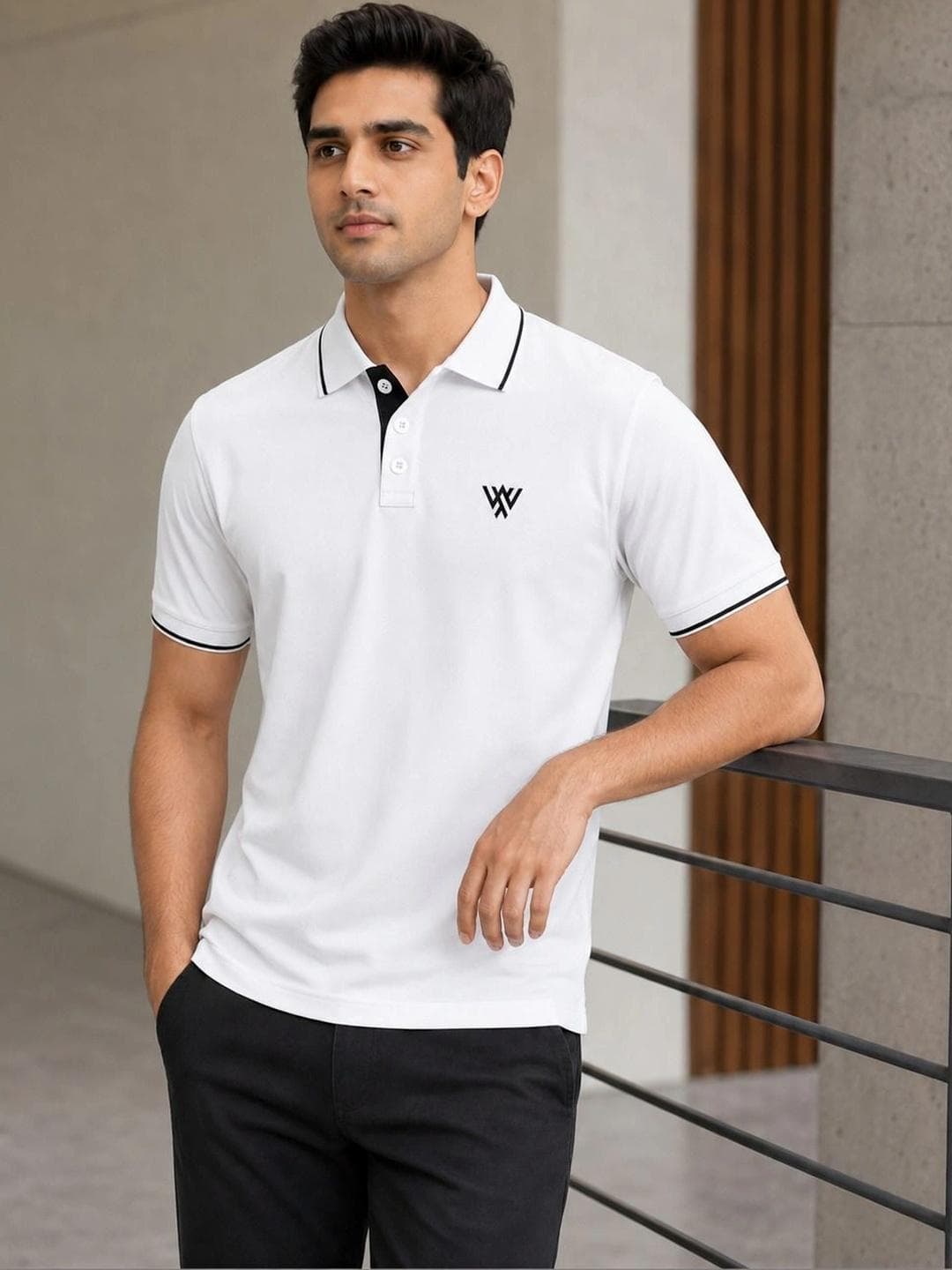 Warrior World Men Brand Logo Polo Collar Pure Cotton T Shirt