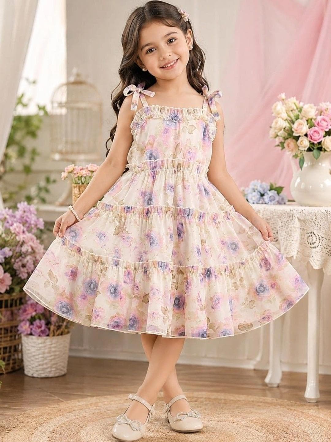 COUTURE VILLAGE Floral Print Ruffled Georgette A Line Dress