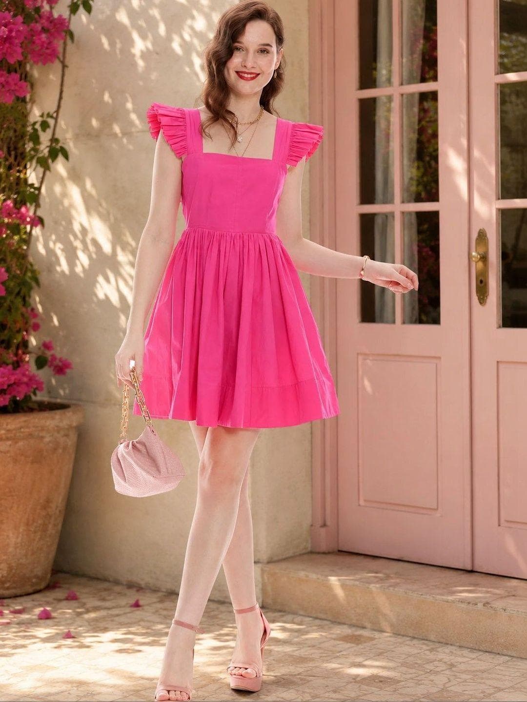 Virgio Solid Cotton Back Bow Tie-Up Peplum Dress for Women