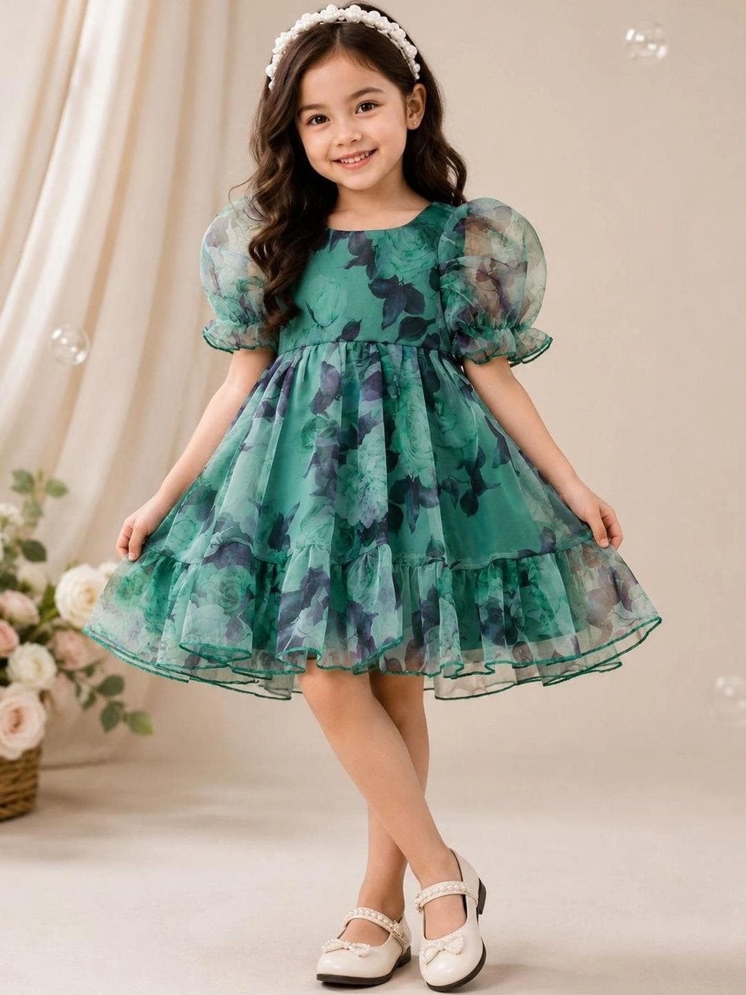 Miss & Chief Floral Print Puff Sleeve Ruffled Georgette A Line Dress
