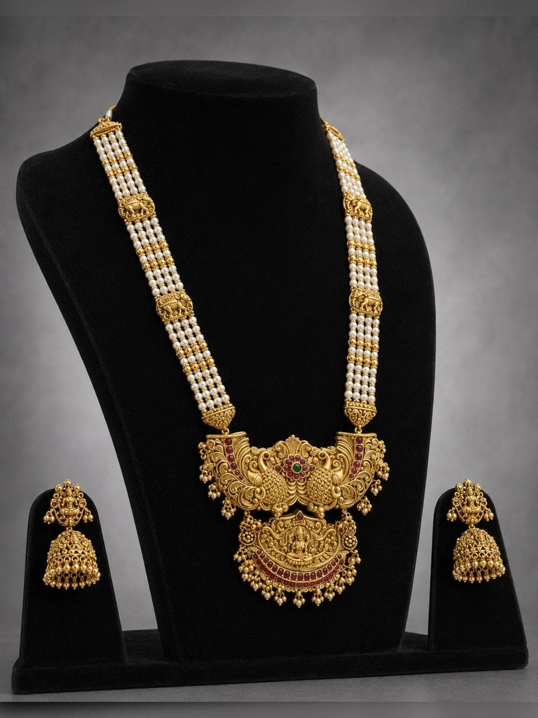 Bagdo Gold Plated Temple Stone Studded & Beaded Necklace And Earrings