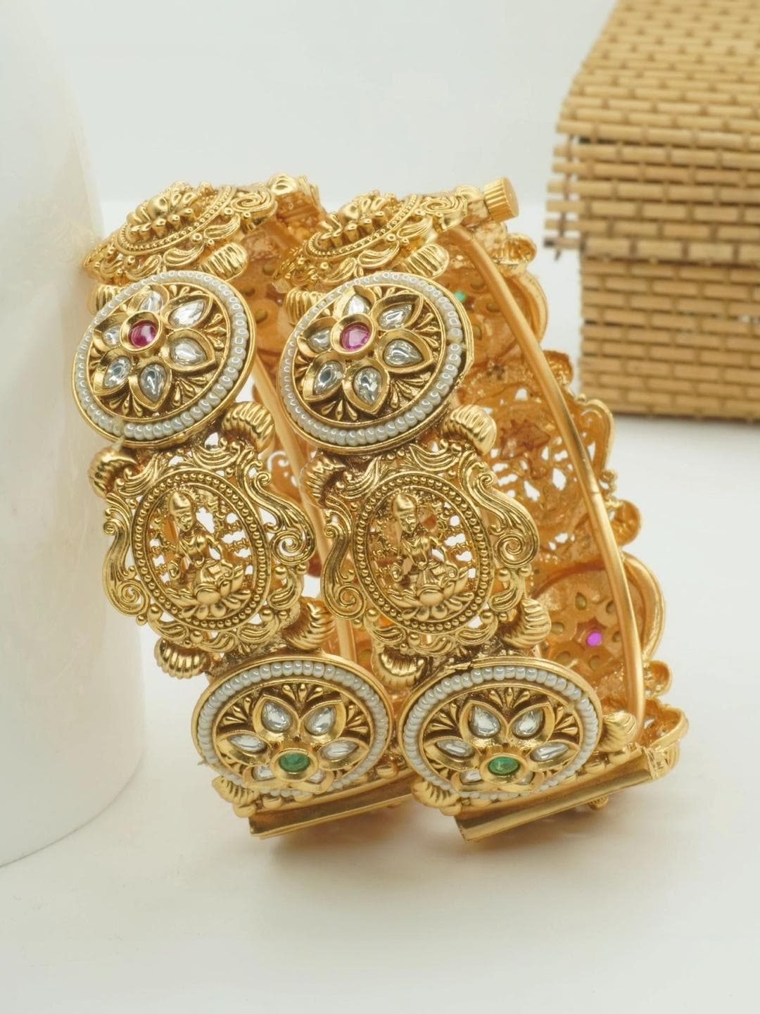 Panini Jewels Set Of 2 Gold Plated Antique Crystals Bangles