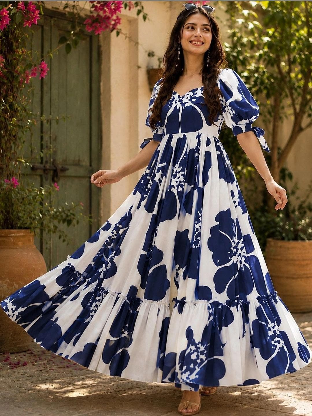 Krunal Raiyani Floral Print Puff Sleeve Crepe Maxi Dress