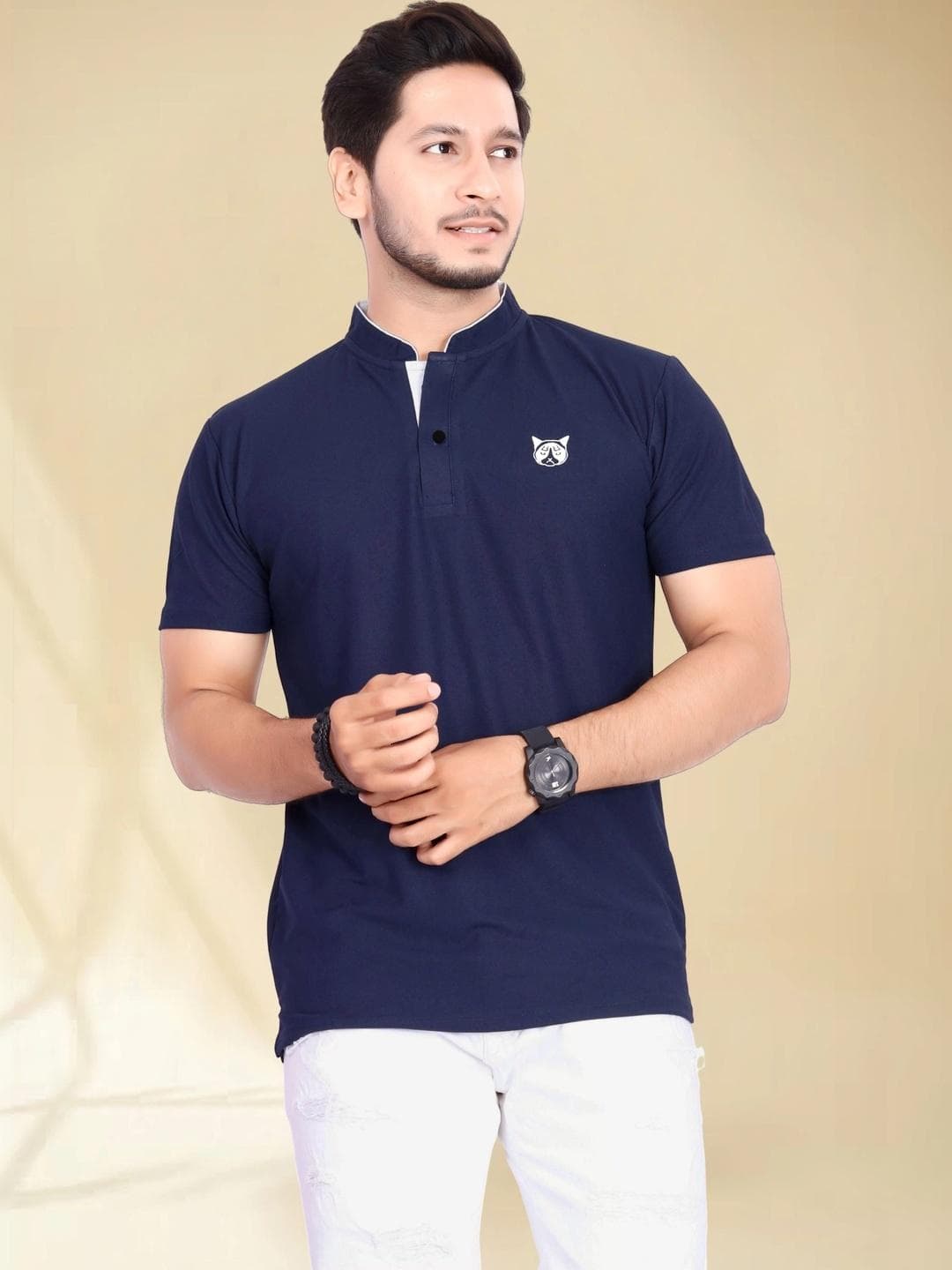 BAGHADBILLO Men Brand Logo Mandarin Collar T Shirt