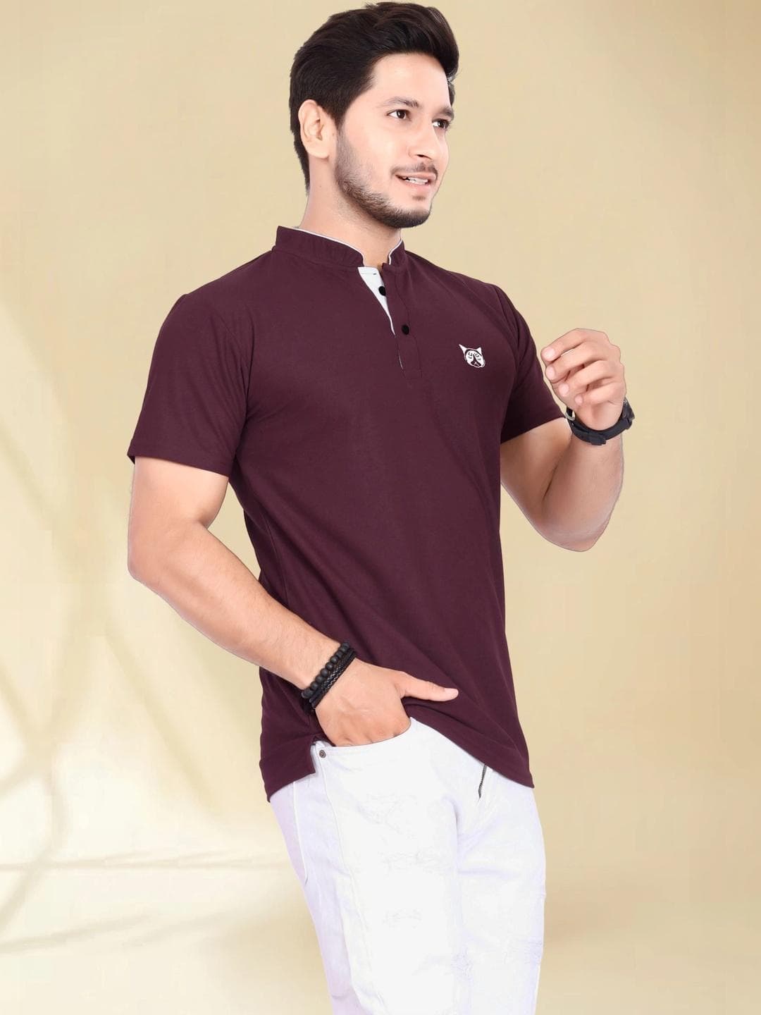 BAGHADBILLO Men Brand Logo Mandarin Collar T Shirt