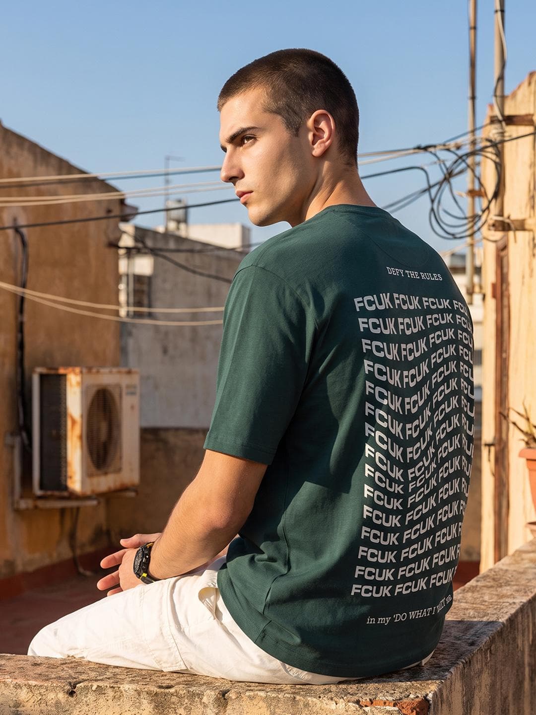 FCUK Oversized Fit Brand Logo Printed Pure Cotton T Shirt