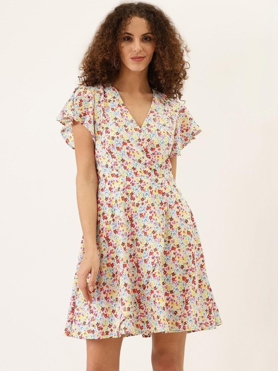 DODO & MOA Floral Print Flutter Sleeve Georgette Dress