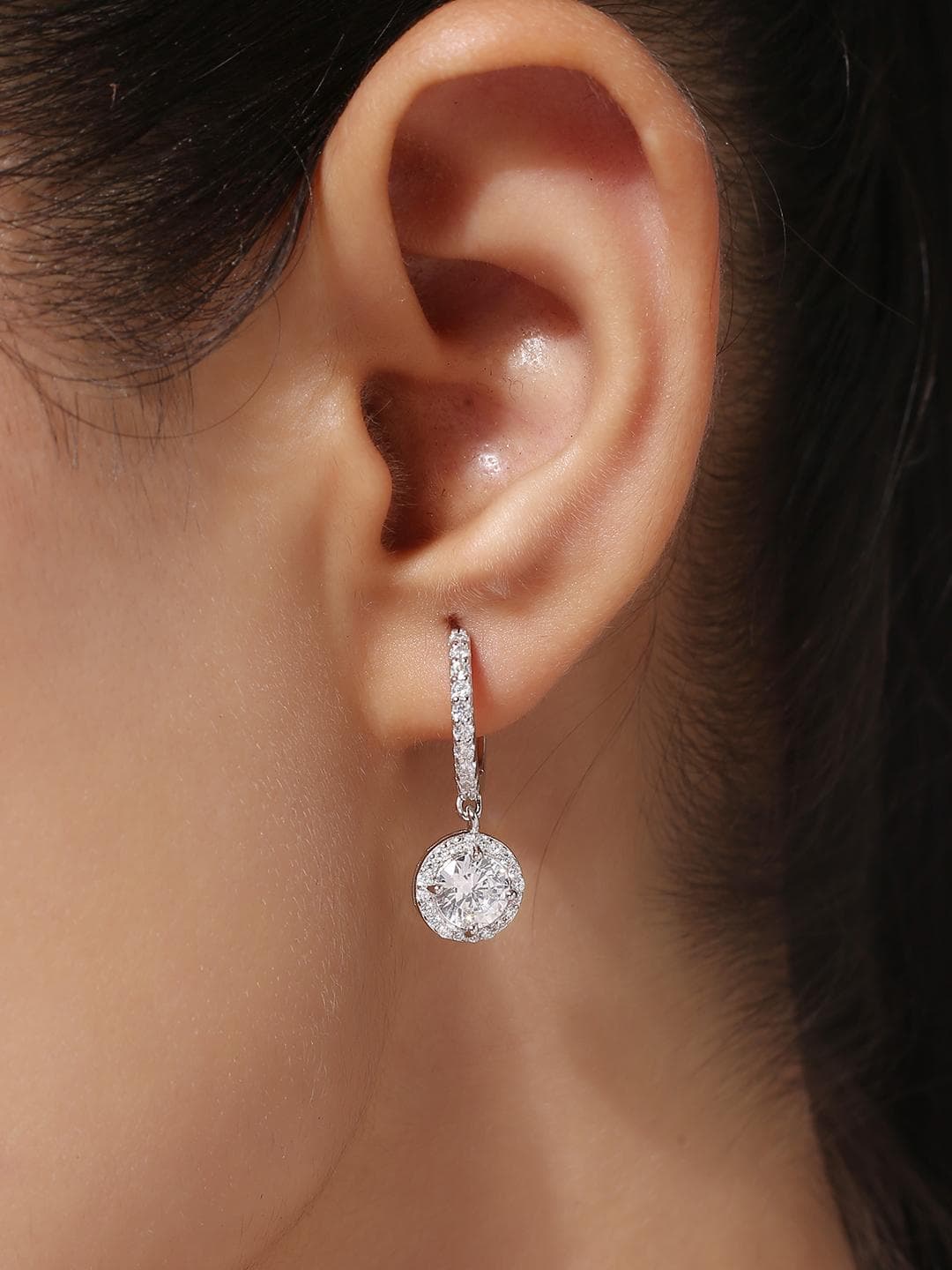 MINJI AND CO. Silver Plated Artificial Stones Studded Circular Shaped Hoop Earrings