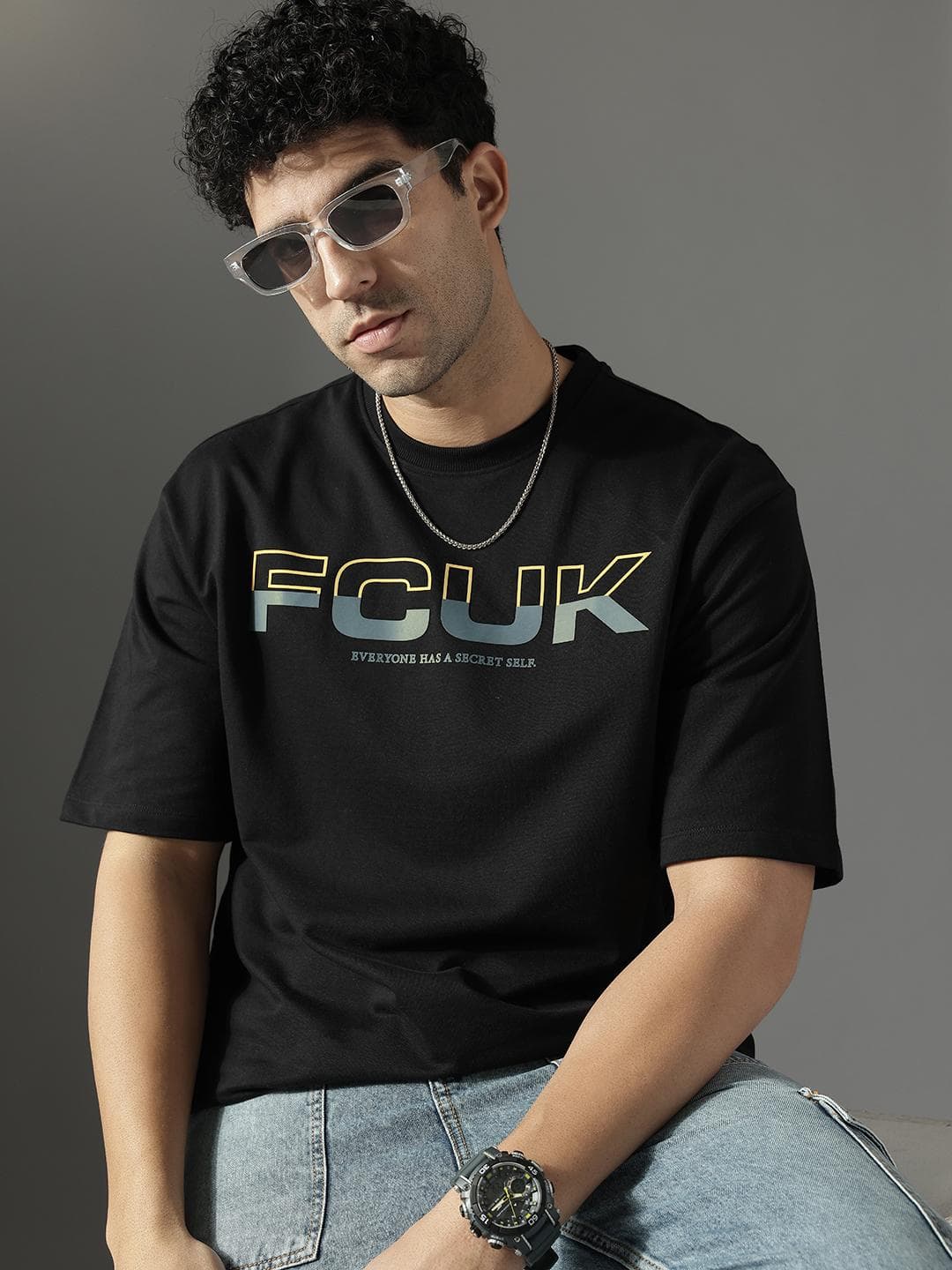 FCUK Brand Logo Printed Drop Shoulder Sleeves Pure Cotton Oversized T Shirt