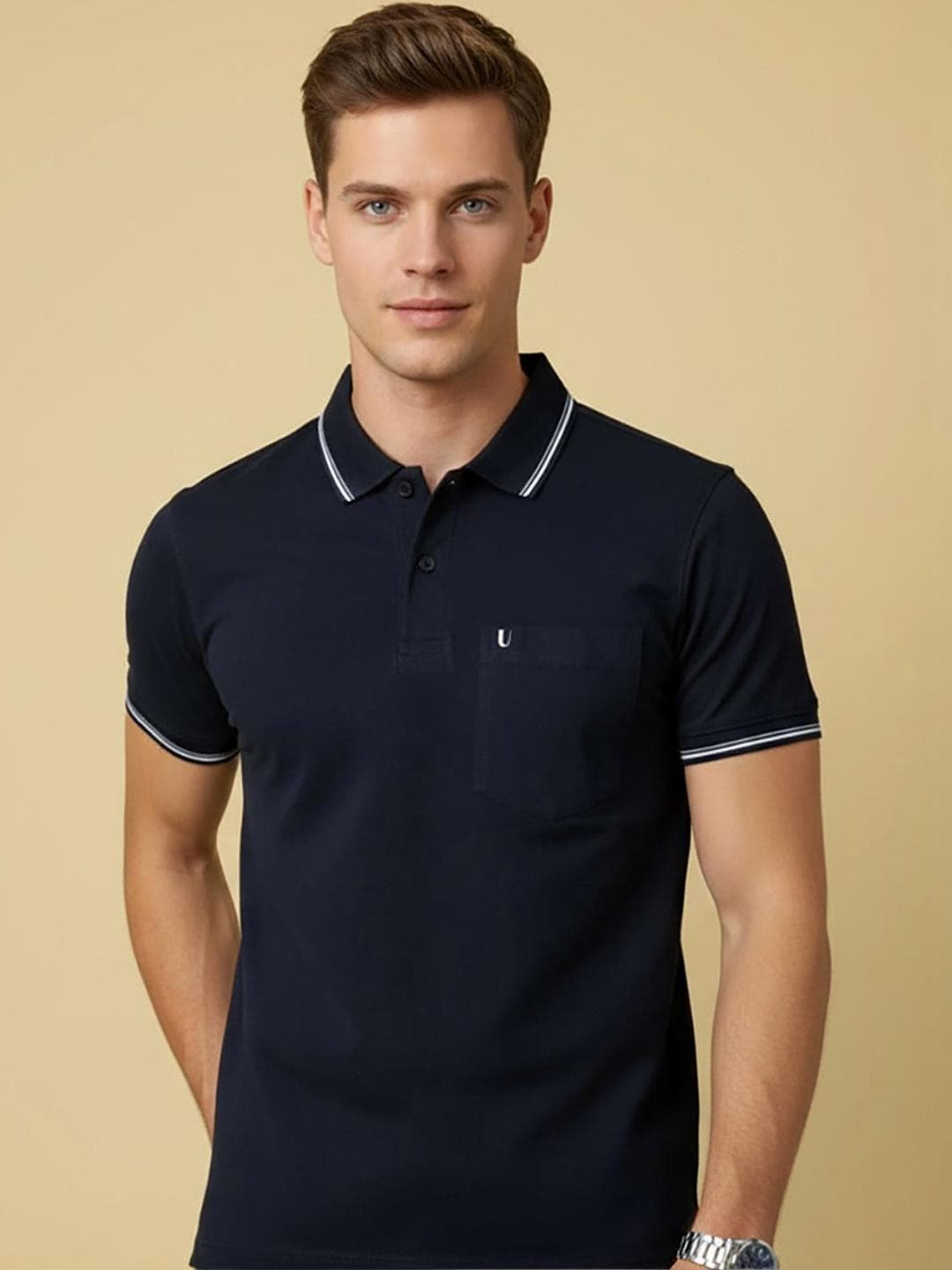 UNIBERRY Men Brand Logo Polo Collar Pockets T Shirt