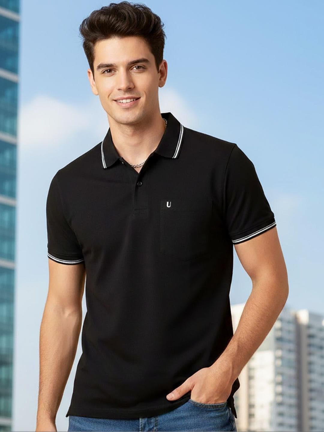 UNIBERRY Men Brand Logo Polo Collar Pockets T Shirt