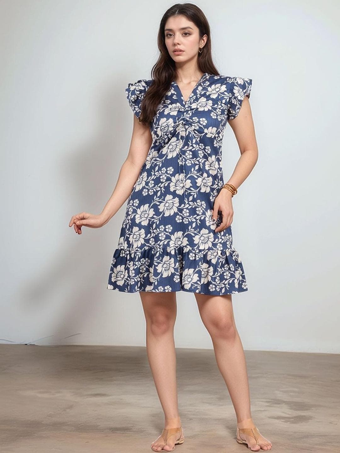 all about you Floral Print Flutter Sleeve Crepe A-Line Dress