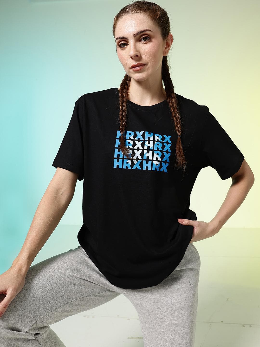 HRX By Hrithik Roshan Brand Logo Drop Shoulder Pure Cotton Relaxed Fit Lifestyle T Shirt