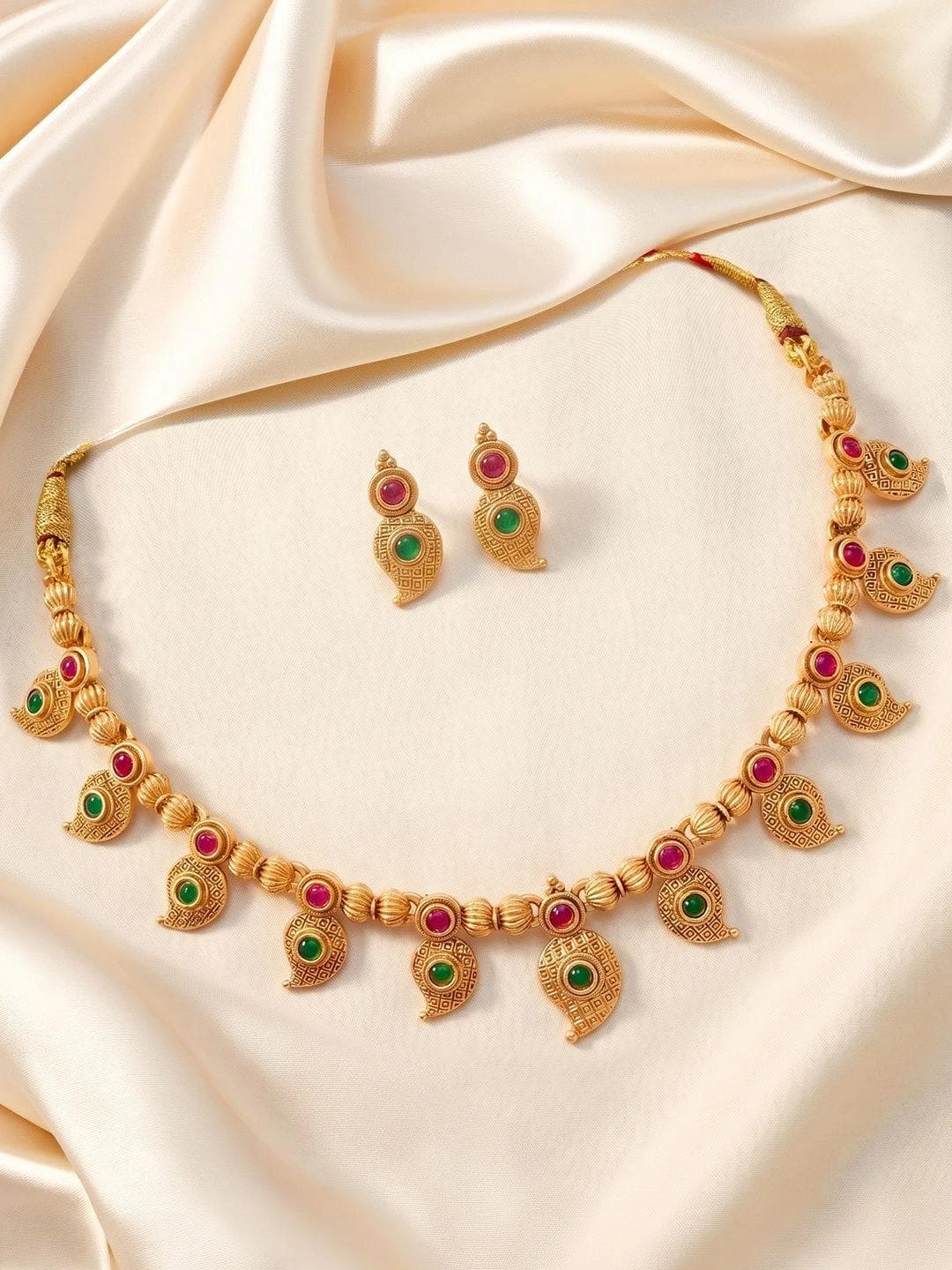 Peora Gold Plated Antique Beaded Necklace And Earrings