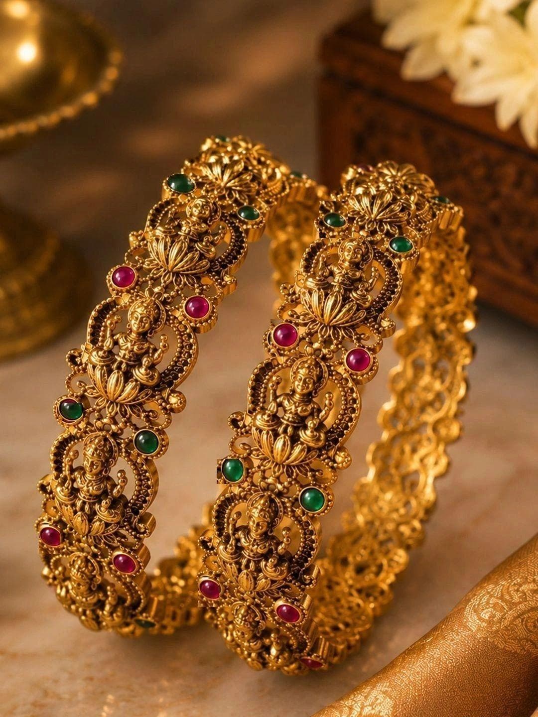 SUGARFRILL Temple Set Of 2 Ruby Pink & Green Lakshmi Bangles