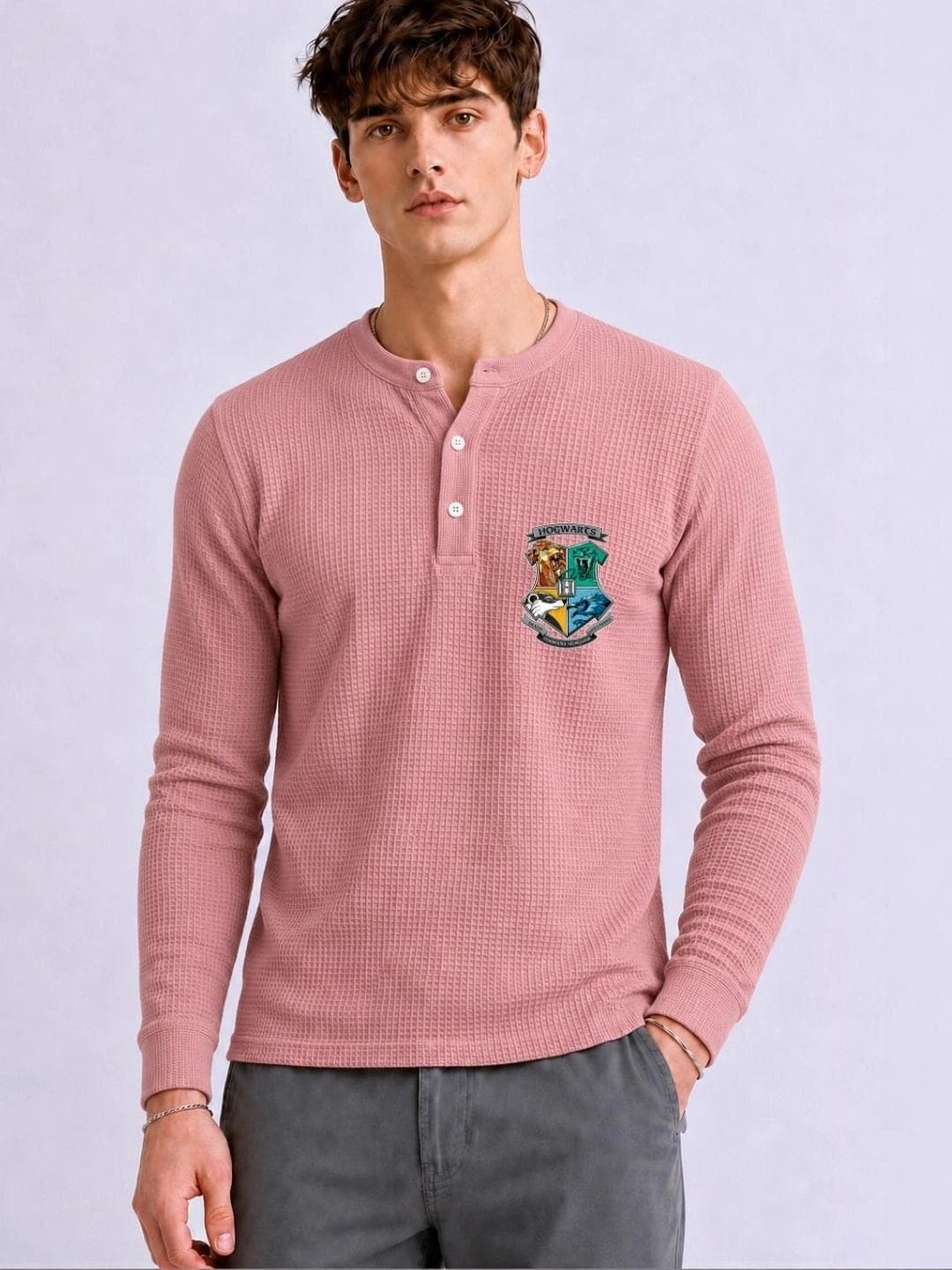 Mobox Men Brand Logo Henley Neck T Shirt