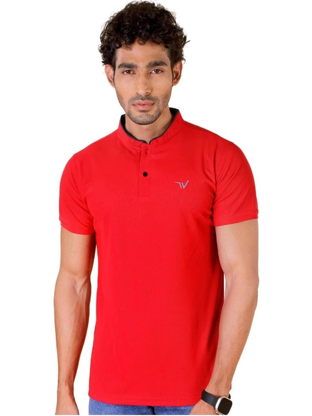 WEWOK Men Brand Logo Mandarin Collar Fusion T Shirt