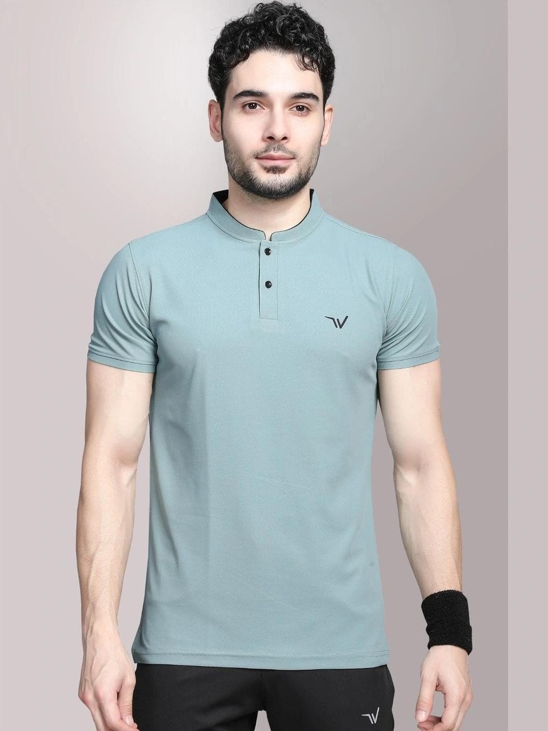 WEWOK Men Brand Logo Mandarin Collar Fusion T Shirt