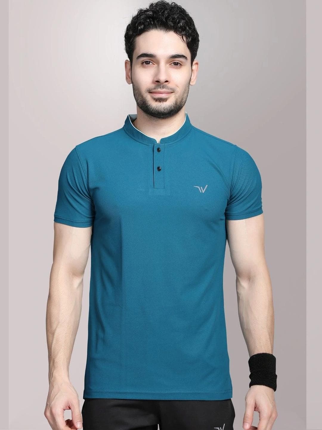 WEWOK Men Brand Logo Mandarin Collar Fusion T Shirt