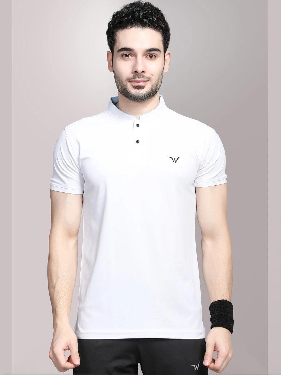 WEWOK Men Brand Logo Mandarin Collar Fusion T Shirt