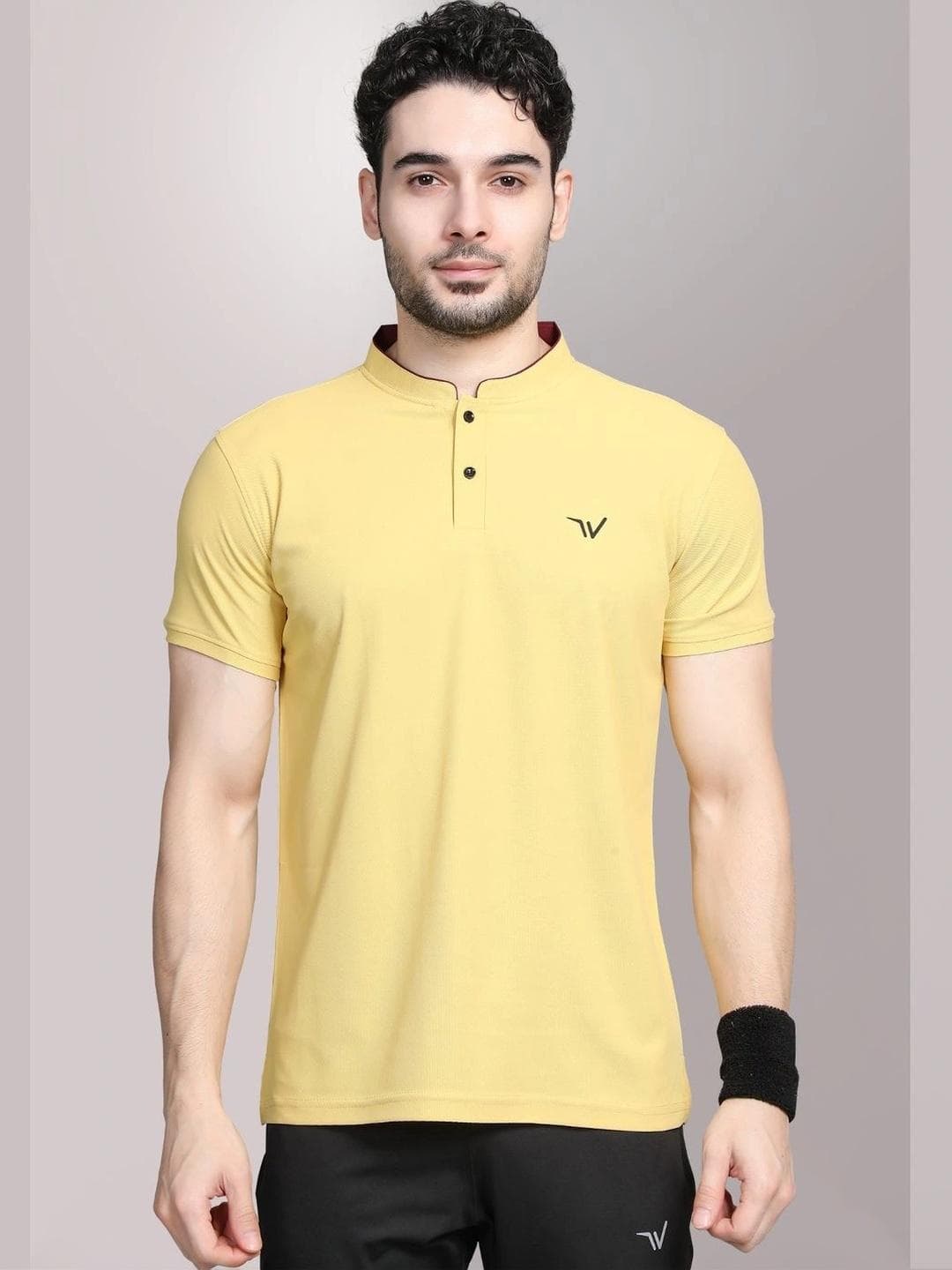WEWOK Men Brand Logo Mandarin Collar Fusion T Shirt