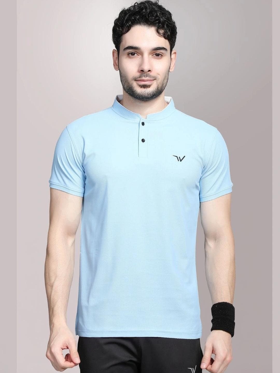WEWOK Men Brand Logo Mandarin Collar Fusion T Shirt