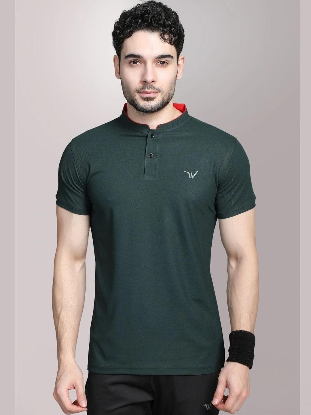 WEWOK Men Brand Logo Mandarin Collar Fusion T Shirt