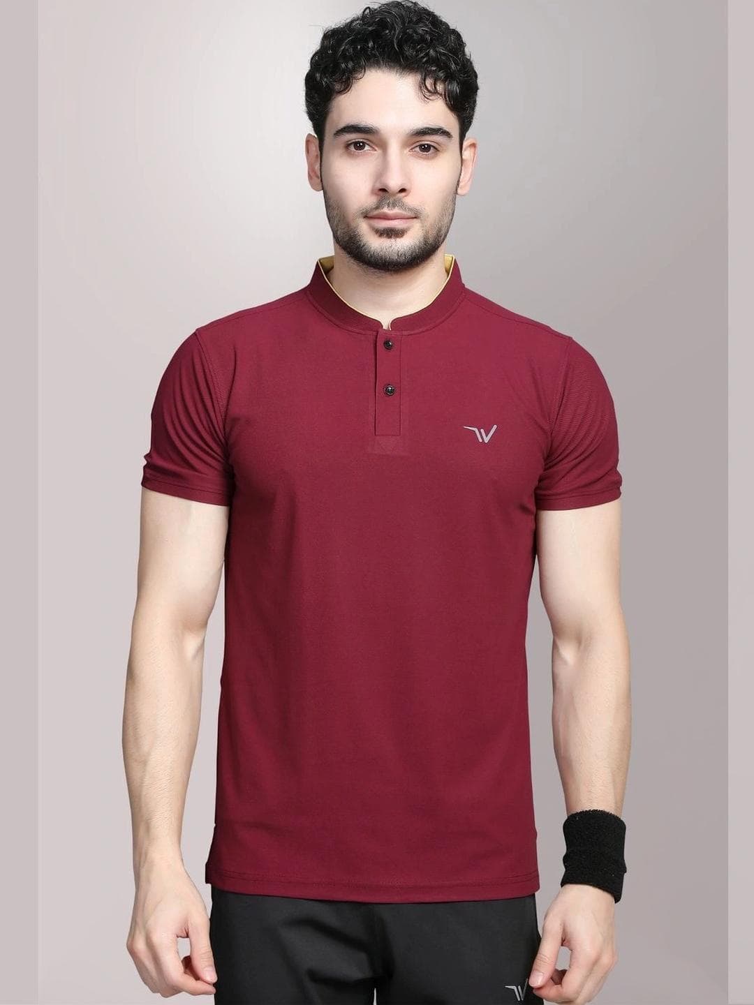 WEWOK Men Brand Logo Mandarin Collar Fusion T Shirt