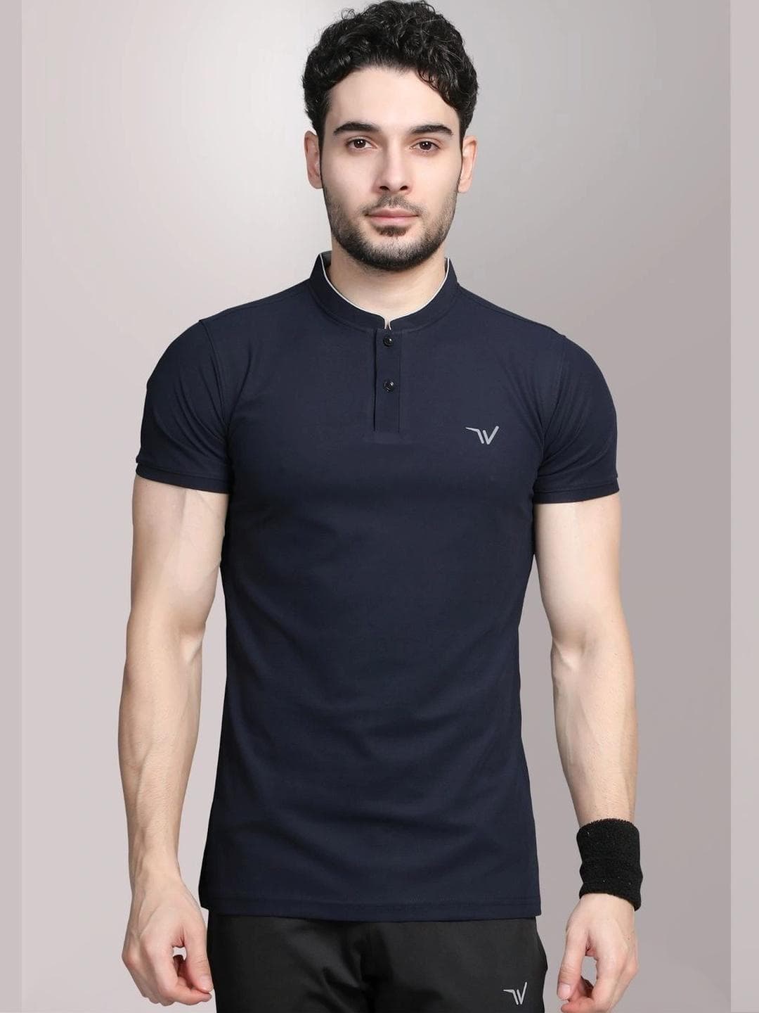 WEWOK Men Brand Logo Mandarin Collar Fusion T Shirt