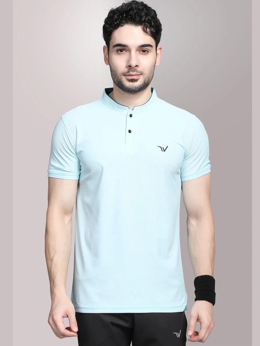 WEWOK Men Brand Logo Mandarin Collar Fusion T Shirt