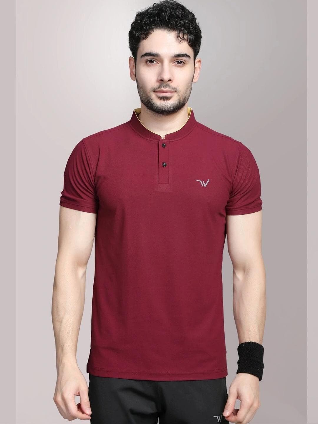 WEWOK Men Brand Logo Mandarin Collar Fusion T Shirt
