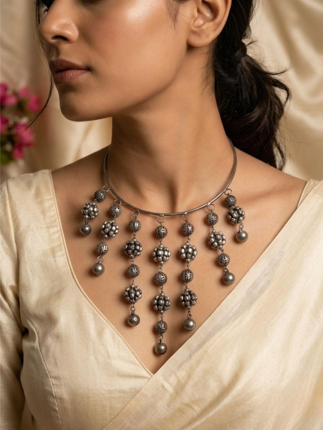 VIVAZS Antique Silver Plated Oxidised Engraved Bead Statement Boho Hasli Choker Necklace