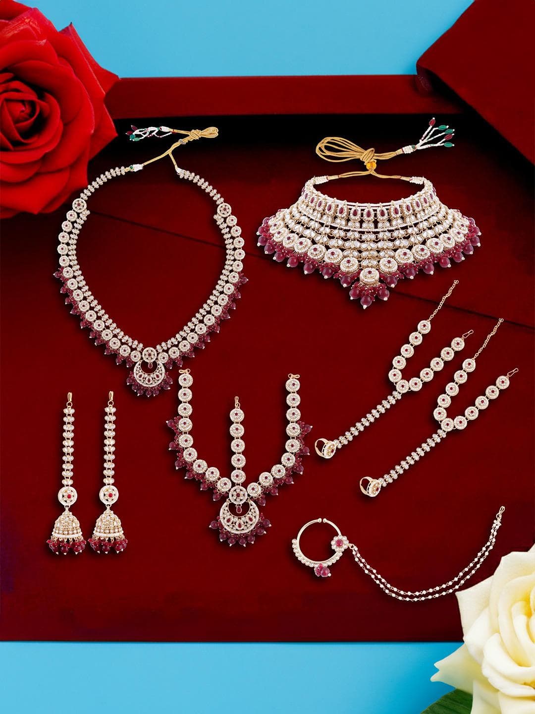 SAMC Gold Plated Stone Studded Necklace And Earrings