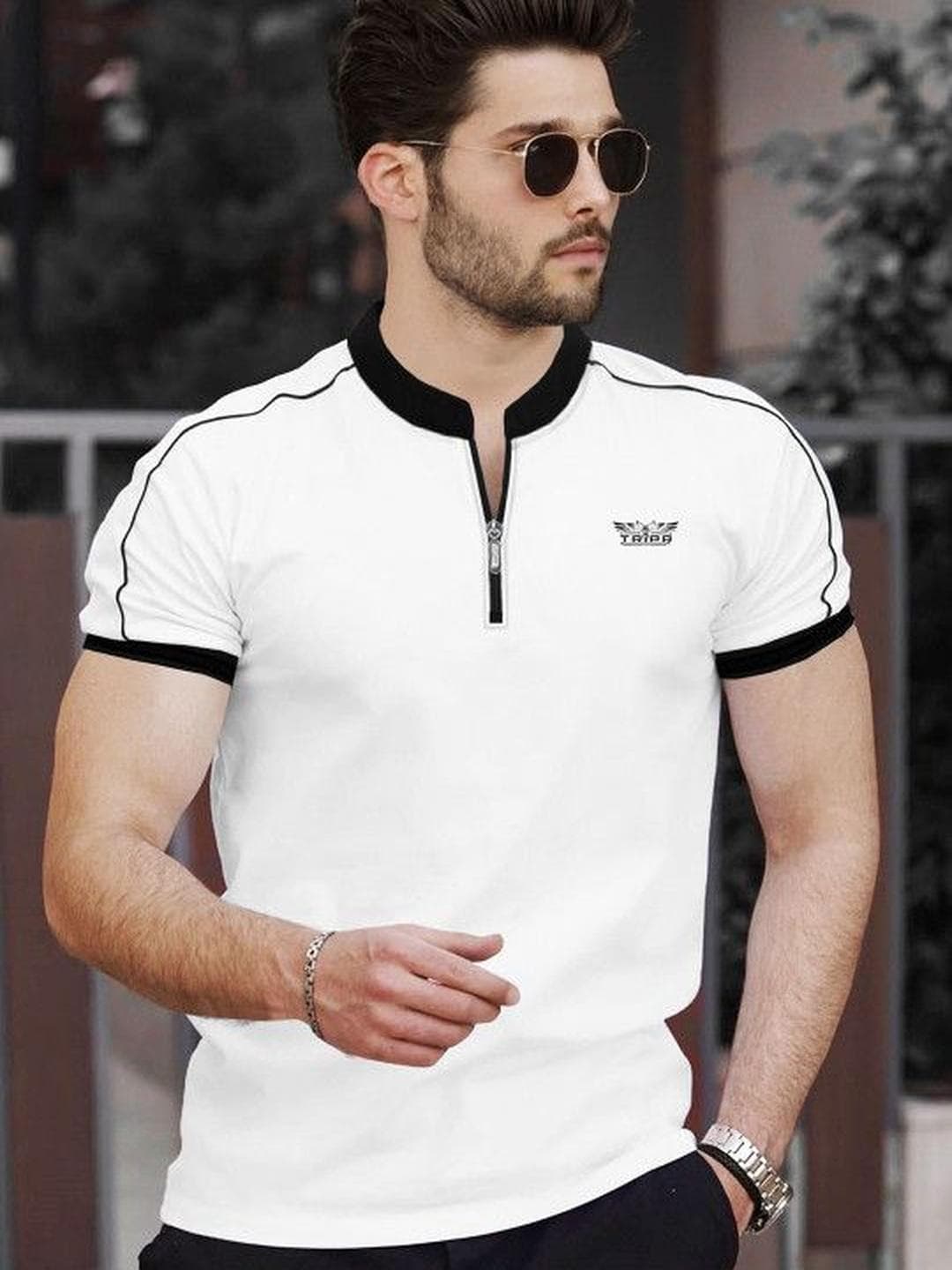 TRIPR Men Brand Logo Mandarin Collar Pockets T Shirt
