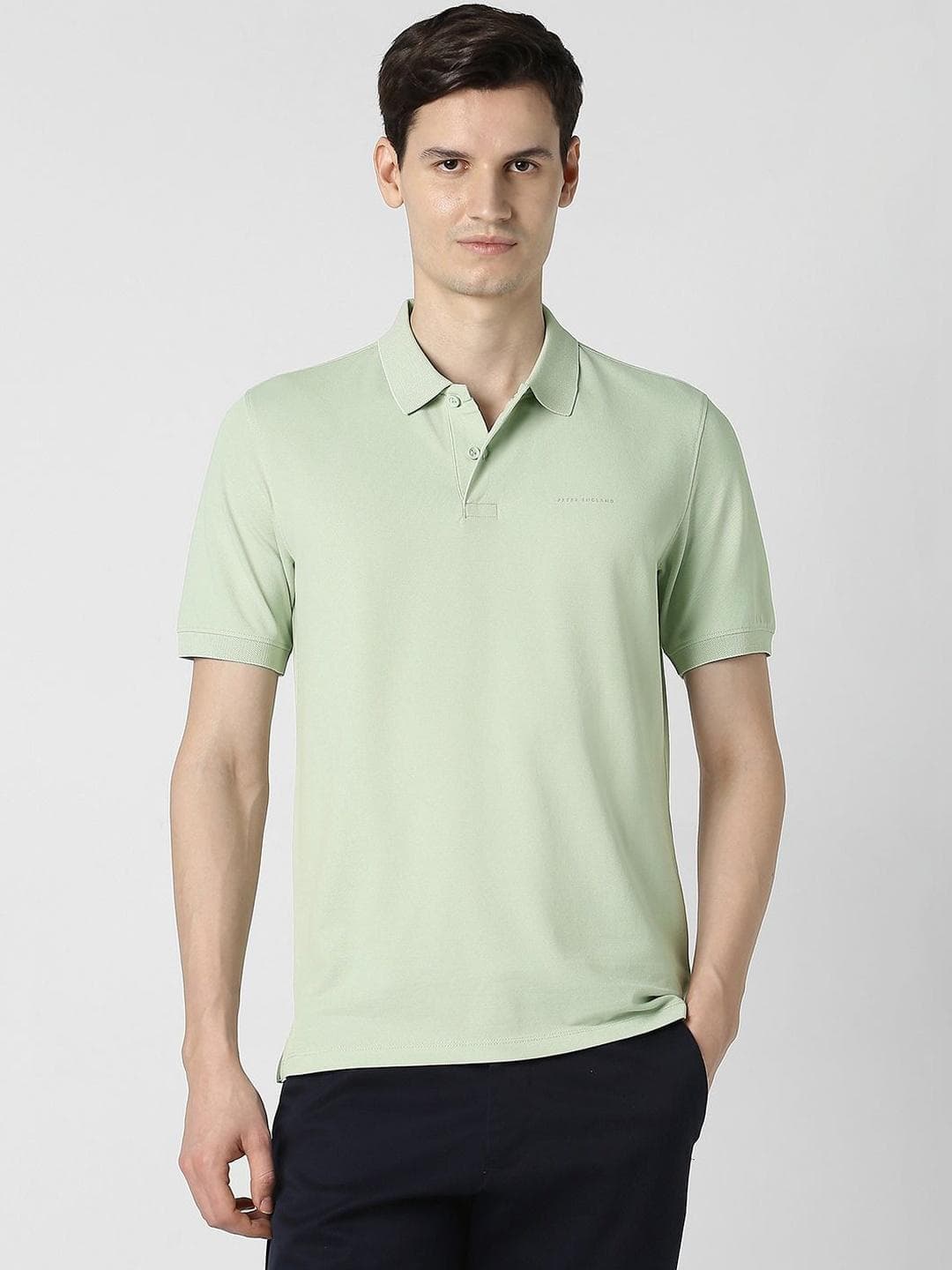 Peter England Men Green Textured Polo Neck T Shirts