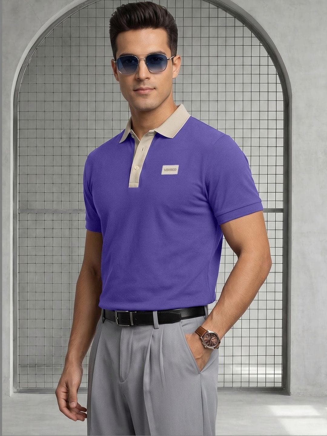VEIRDO Men Brand Logo Purple Pique Half Sleeve Polo Tshirt Solid Collar Regular Fit T Shirt