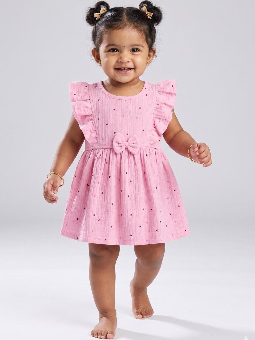 LITTLE APPLE Girls Pack Of 2 Floral Print Ruffled Organic Cotton A Line Dress