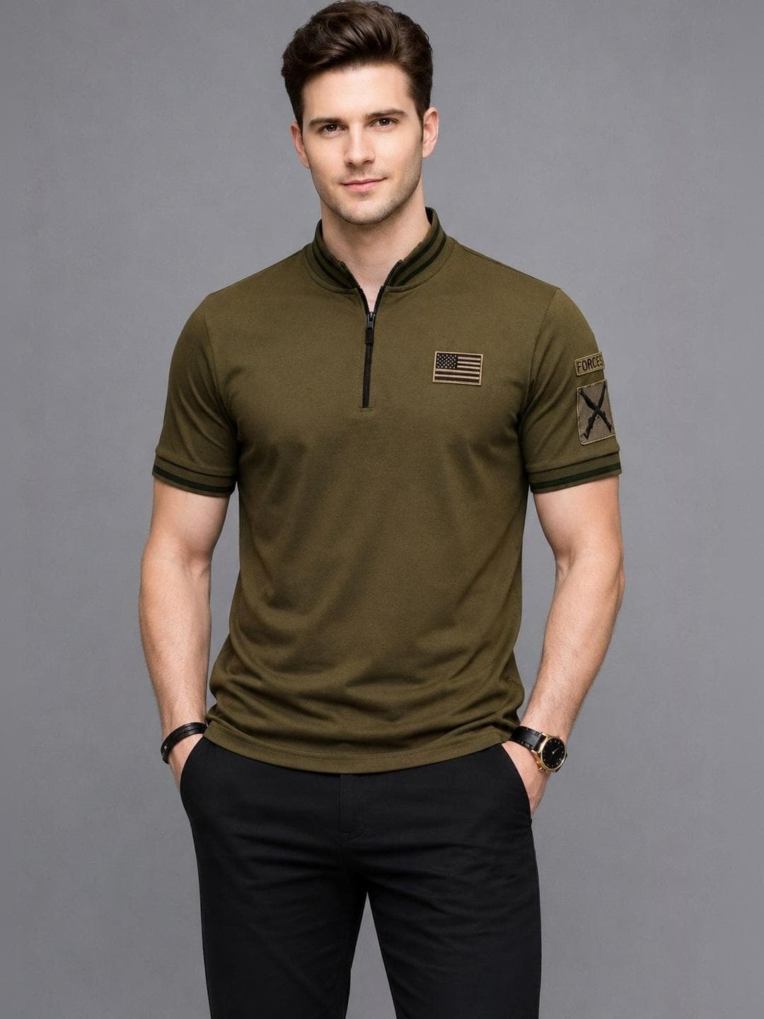 NAUGHTYMEN Men Brand Logo Henley Neck Applique Slim Fit T Shirt