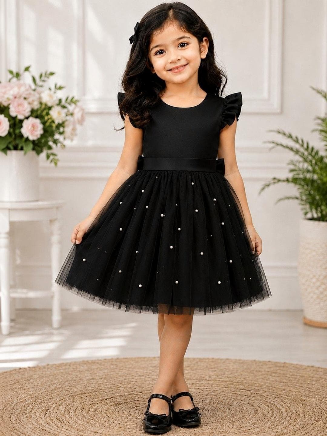 Tejam Flared Sleeve Net Fit & Flare Dress