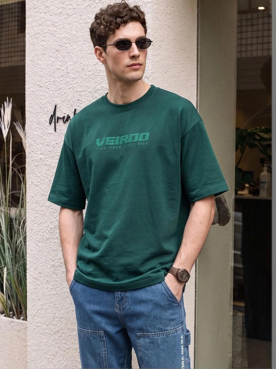 VEIRDO Men Brand Logo Printed Pure Cotton T Shirt