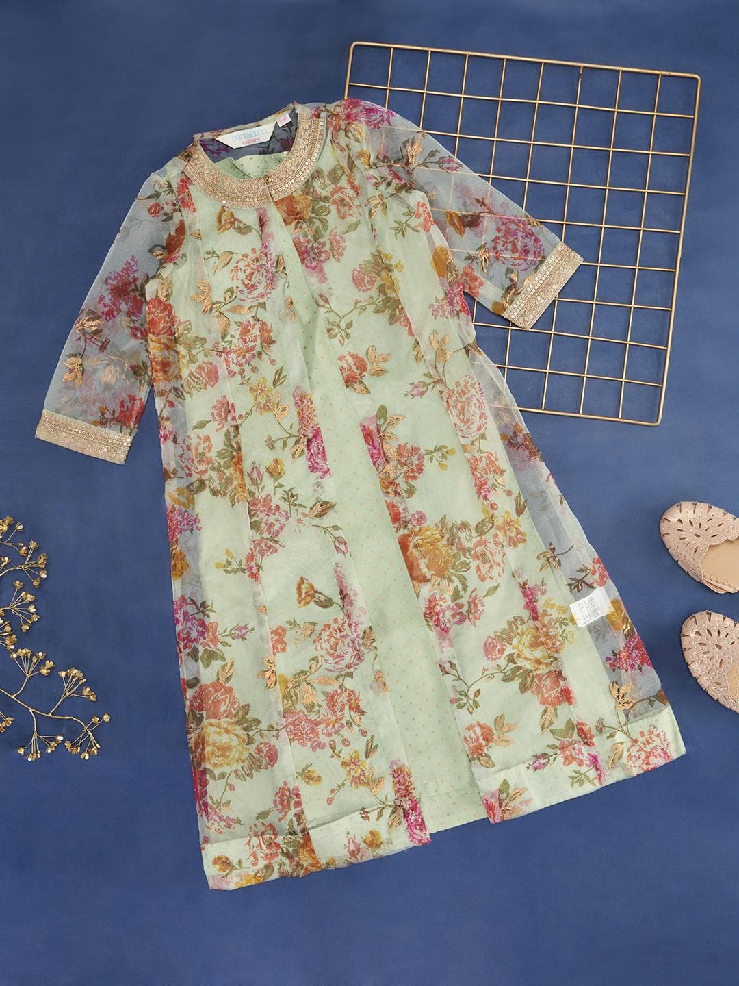 AKKRITI BY PANTALOONS Girls Polka Dot Printed A Line Ethnic Dress With Shrug