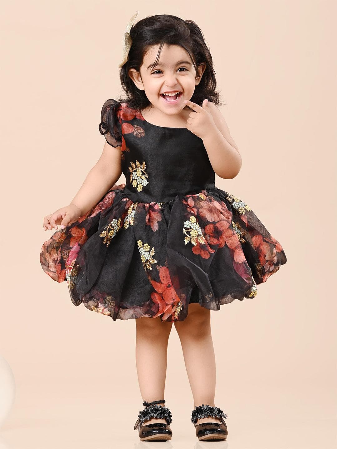 BAESD Girls Floral Printed One Shoulder Embroidered Organza & Cotton Fit And Flare Dress