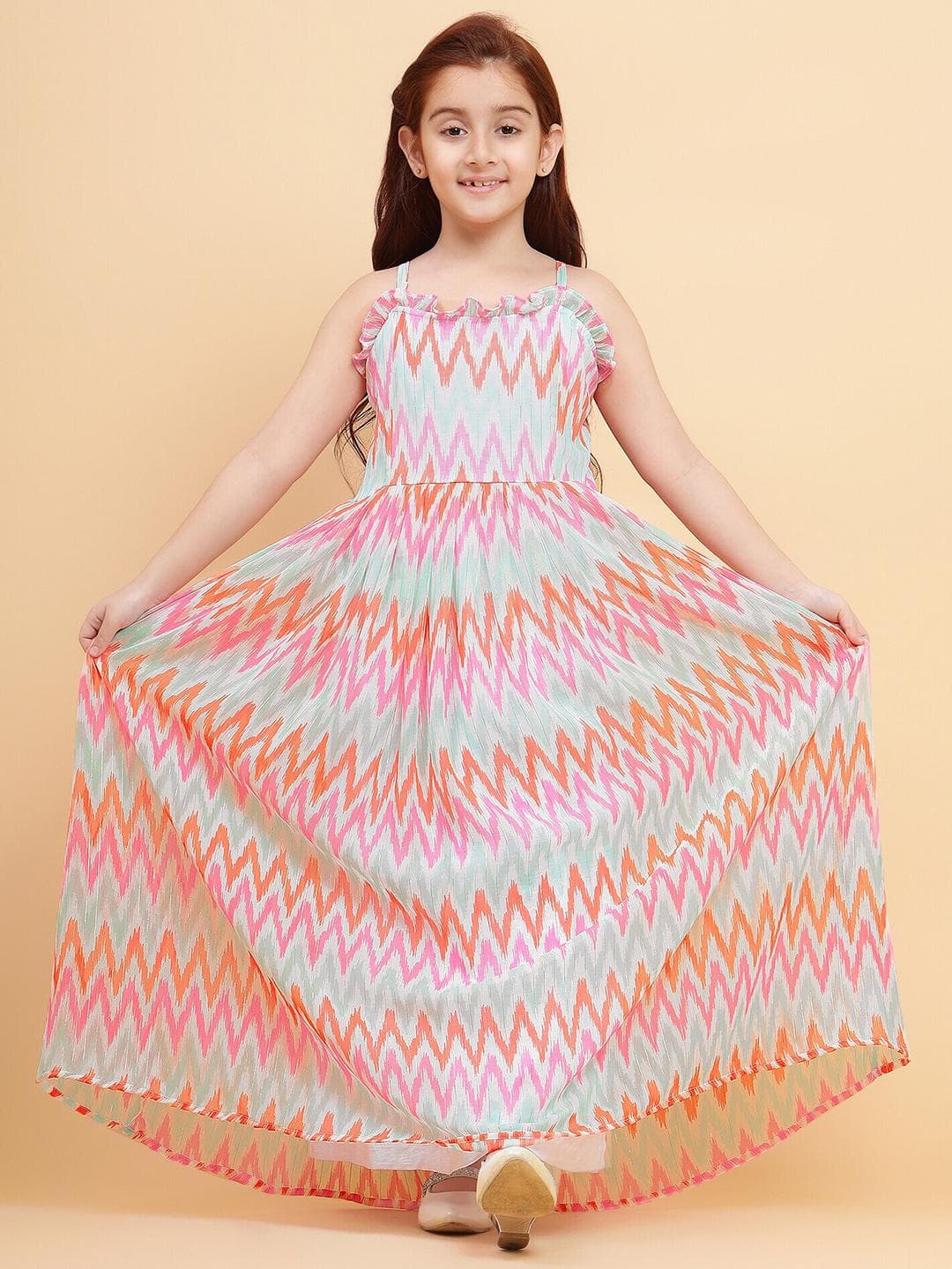 YK Girls Geometric Printed Shoulder Straps Ruffled & Smocked Maxi Dress