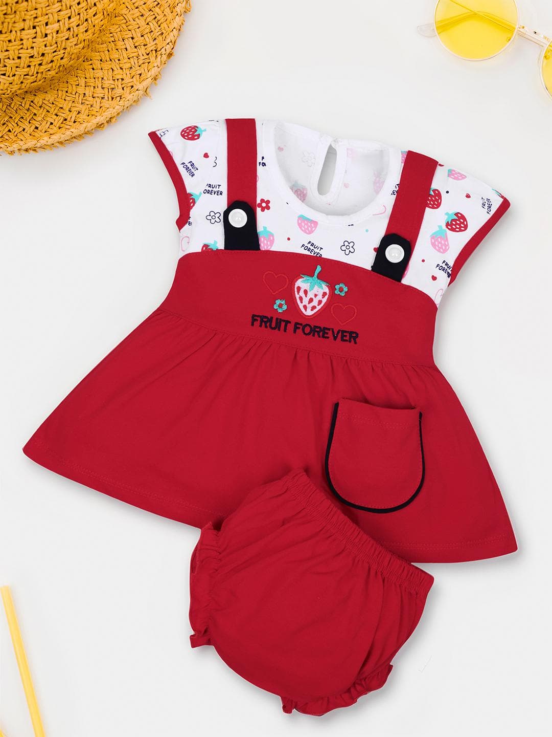 FEBVIBE Girls Printed Cotton Pinafore Dress With Brief