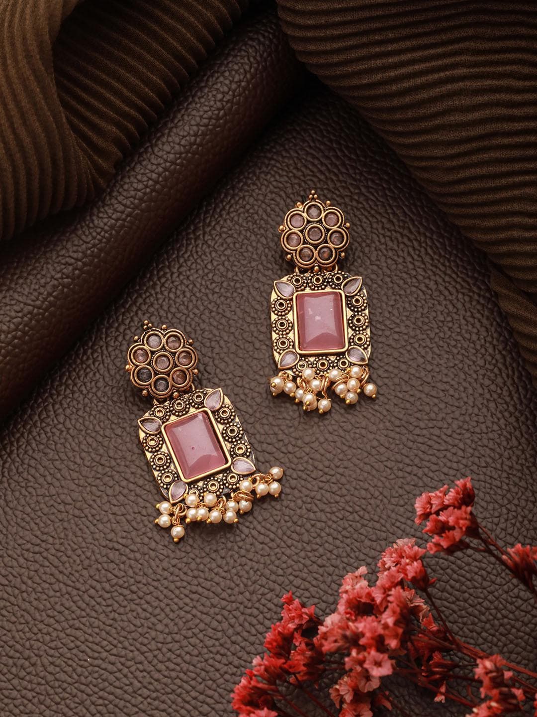 Jazz And Sizzle Gold Plated Stones Studded & Beaded Drop Earrings