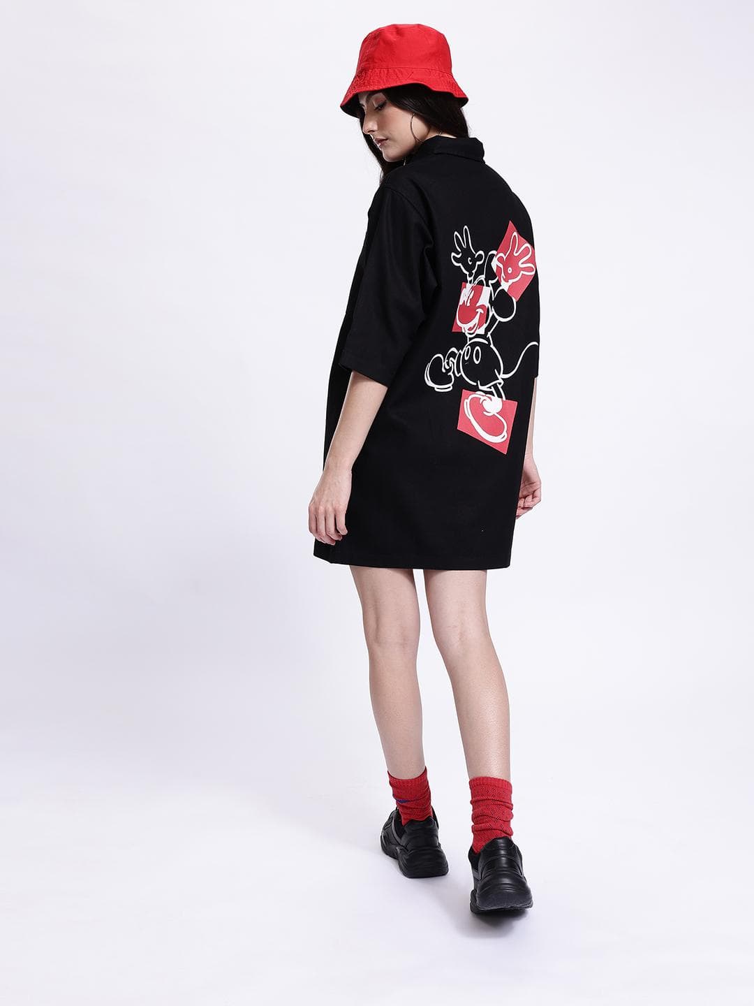 Kook N Keech Mickey Mouse Print Cotton Mini Shirt Dress