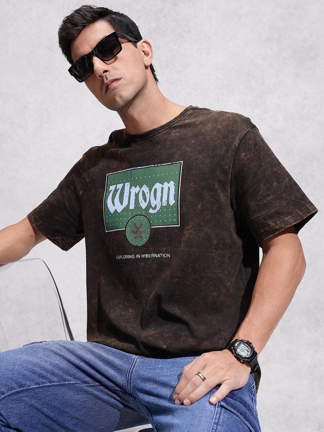 WROGN Brand Logo Printed Washed Effect Drop Shoulder Sleeves Pure Cotton Oversized T Shirt
