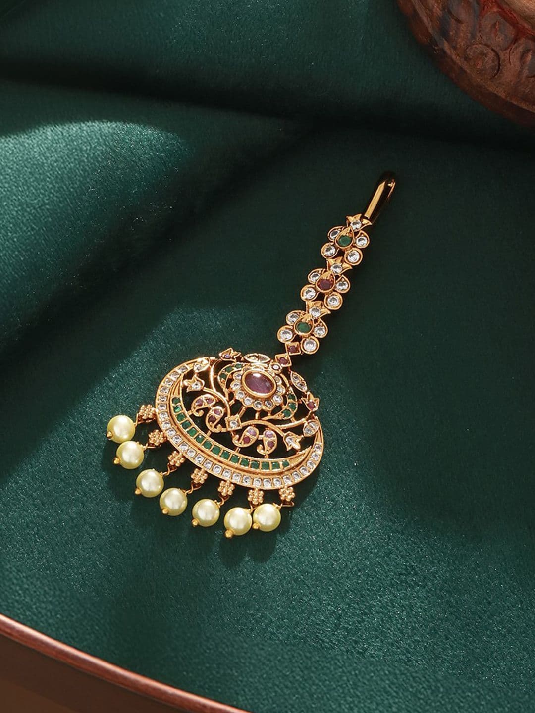 Saraf RS Jewellery Gold Plated White & Green AD Studded & Pearl Beaded Maangtikka