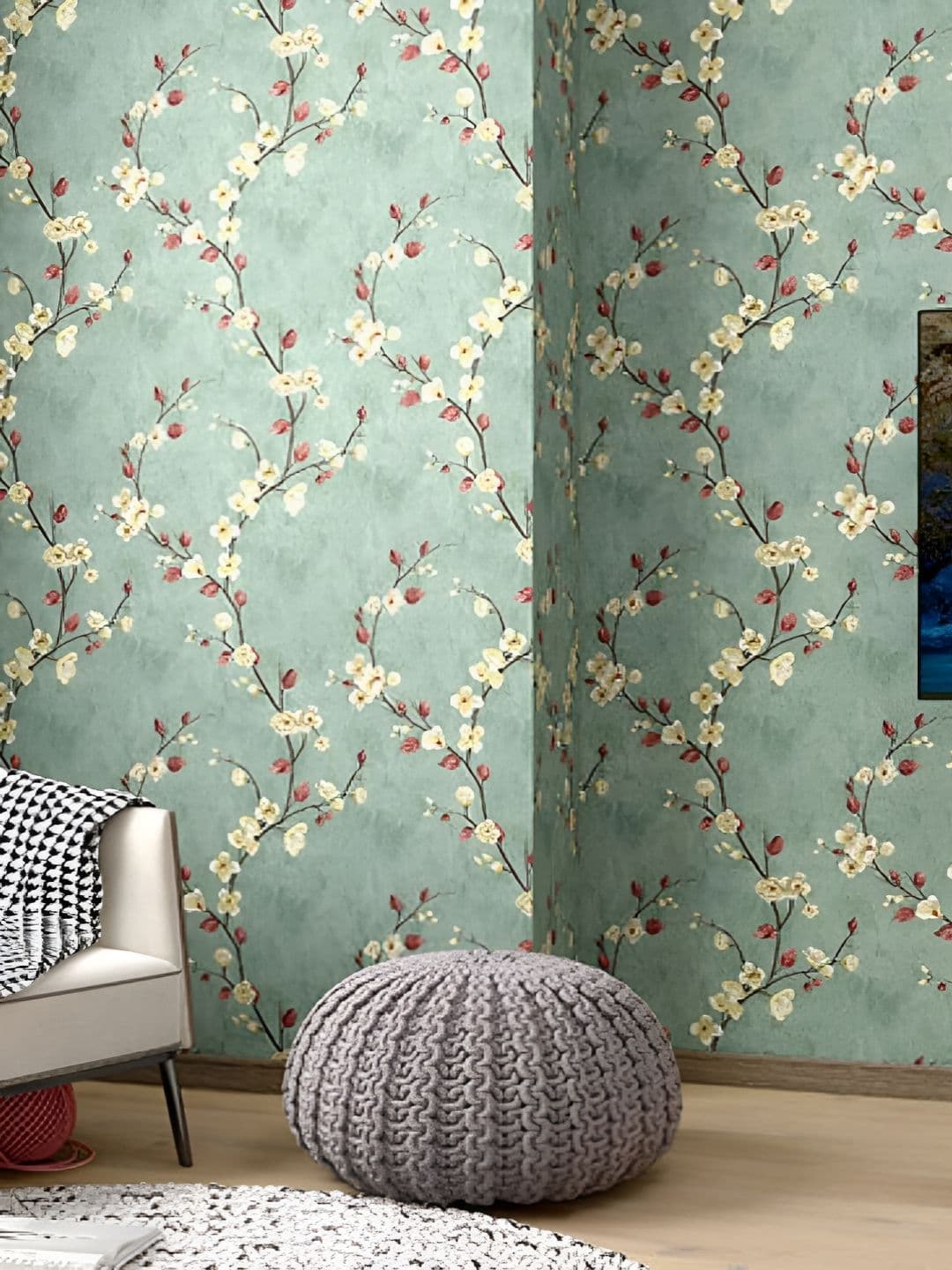 Asian Royal Green & Red Floral Printed Self Adhesive Wallpaper
