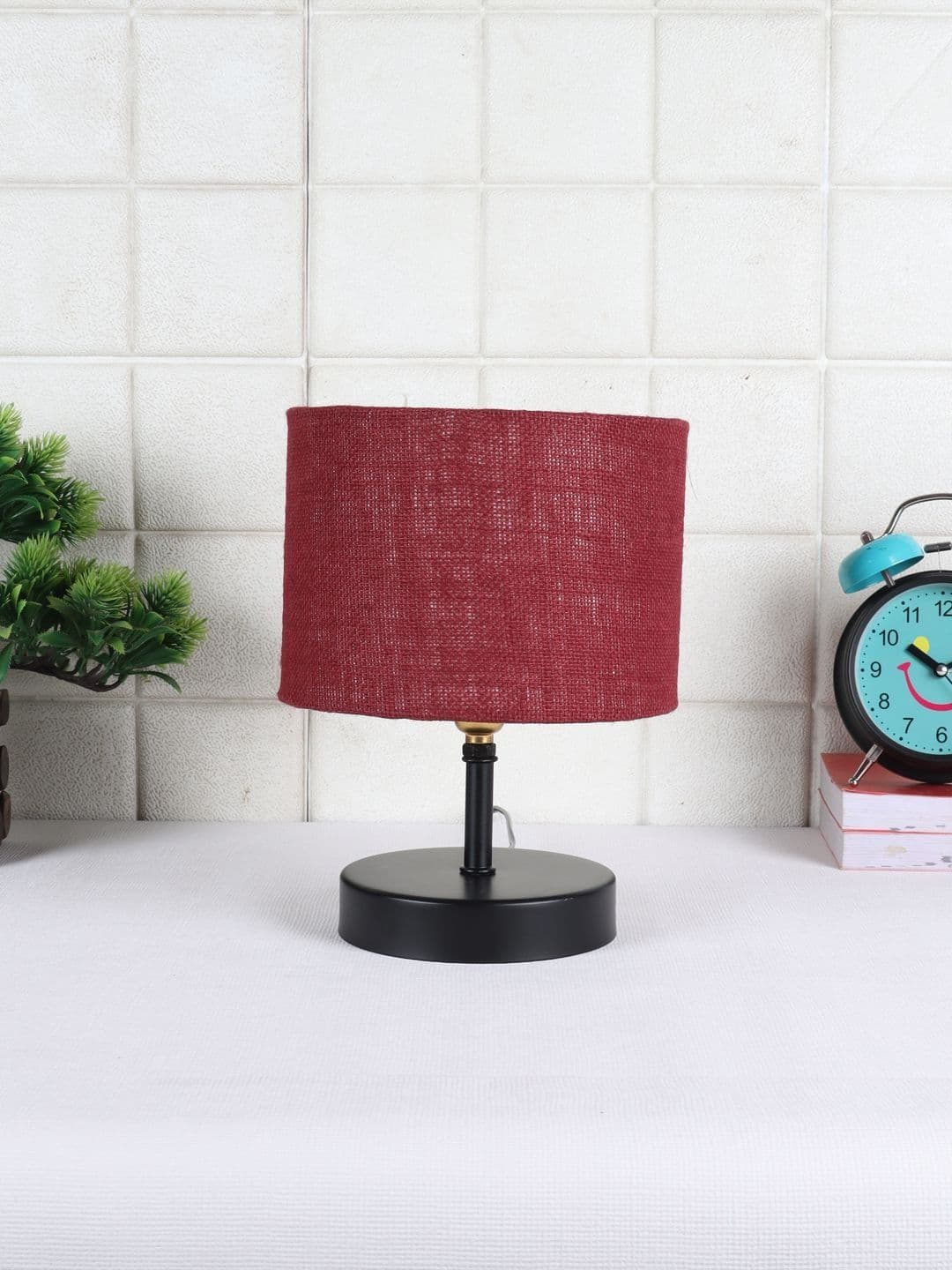 Aura Maroon Textured Wood Contemporary Cylindrical Shaped Table Lamp